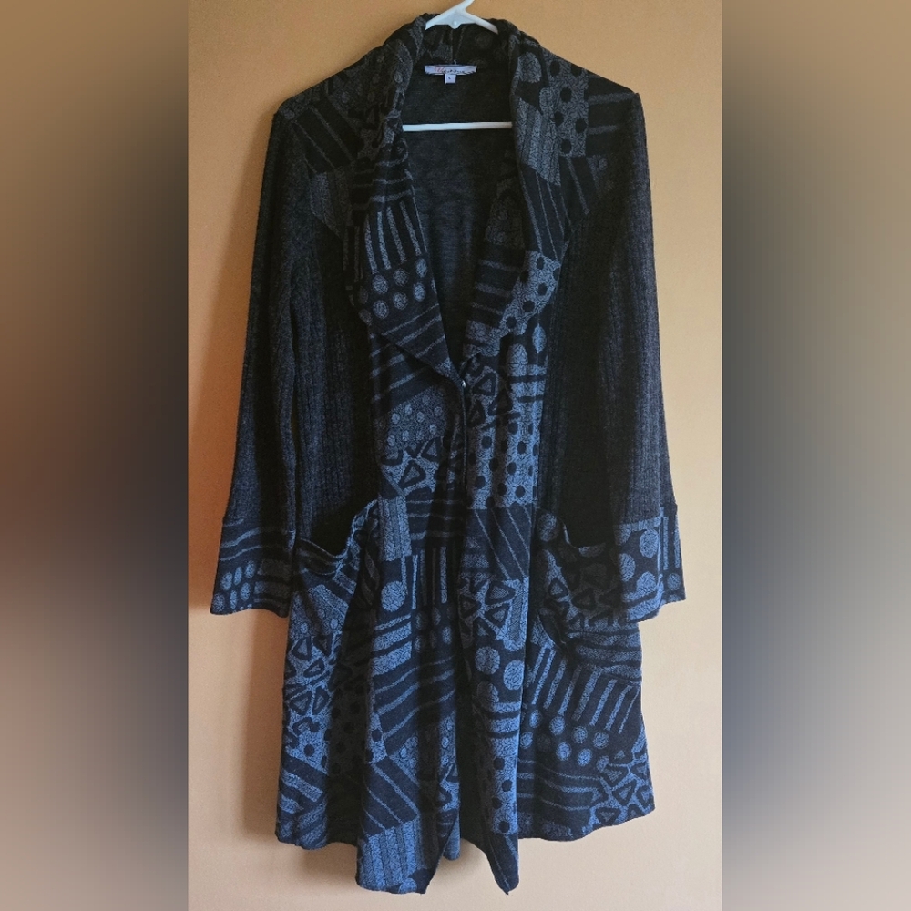 Variations Geometric Boho Pattern Button Cardigan With Pockets, L
